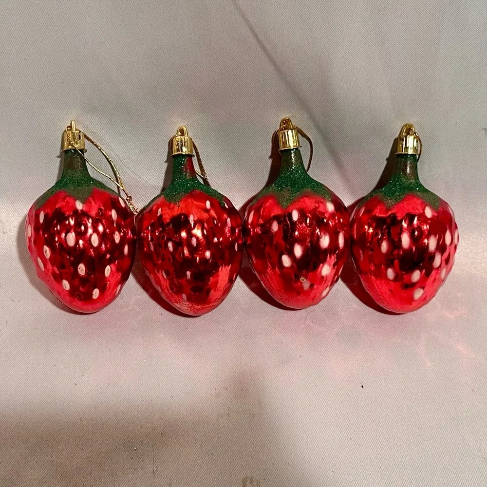 Vintage Festive Large Red Strawberry Shatterproof Christmas Ornaments Set of 4